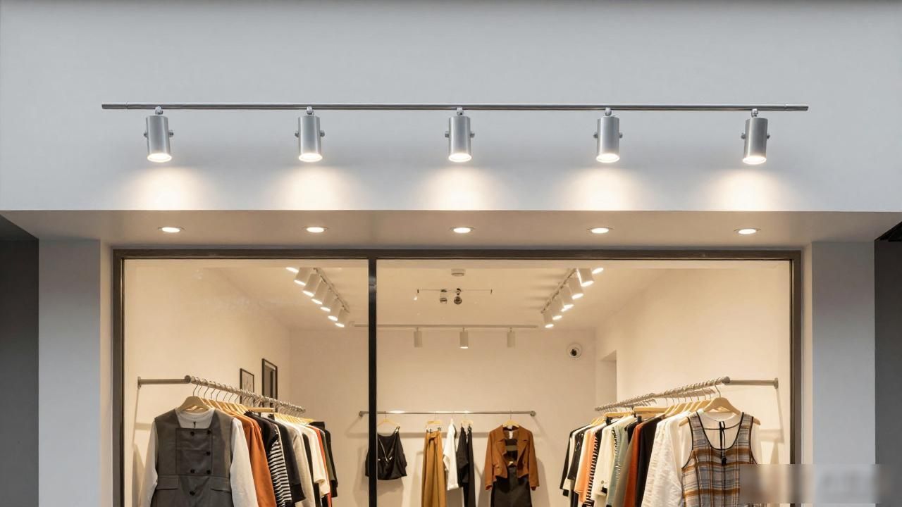 服装店门头别致装修风格图片_商用展示轨道灯_八灯轨道灯店铺照明