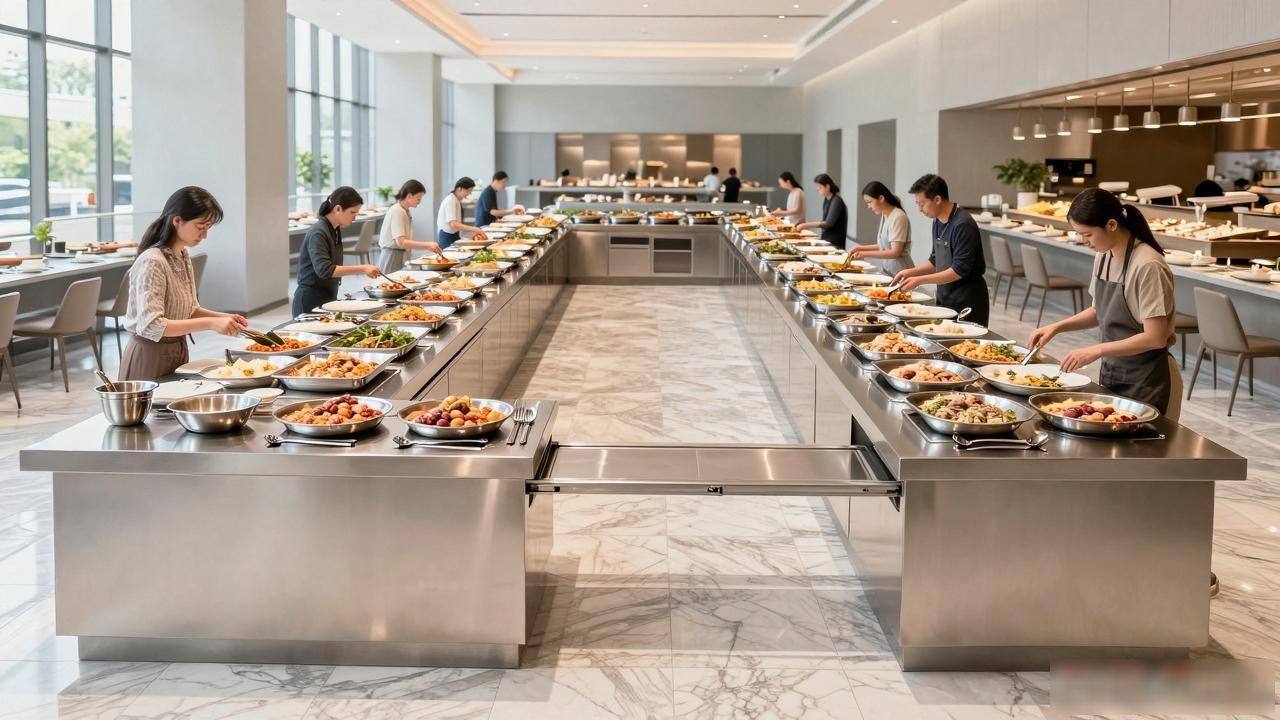 自助餐厅动线规划_自助餐台摆放设计_自助餐厅装修风格图片