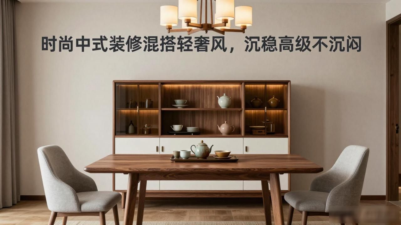 时尚中式装修风格混搭_现代轻奢中古风混搭家装_深胡桃木高级灰米杏色设计