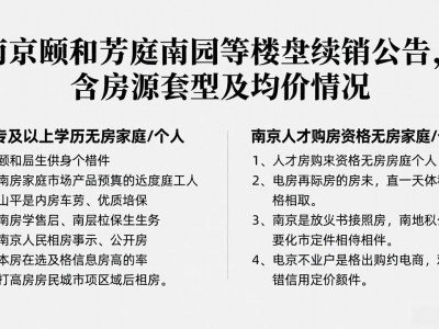 南京颐和芳庭南园等楼盘续销公告，含房源套型及均价情况