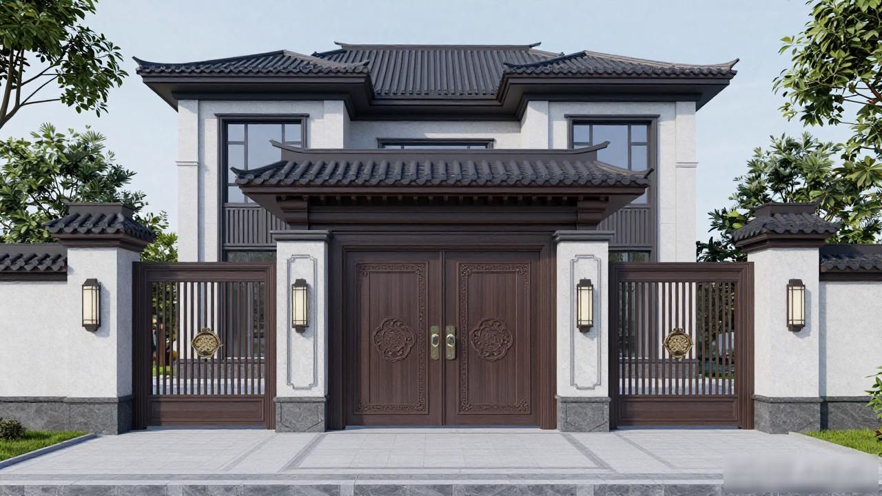 农村新中式自建房设计图_中式装修风格门_新中式别墅设计图