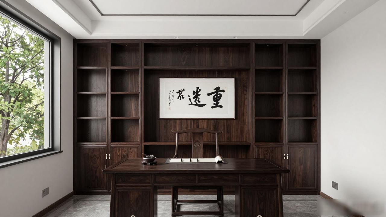 新中式轻奢装修设计_装修风格效果图深色_客厅背景墙山水纹大理石格栅